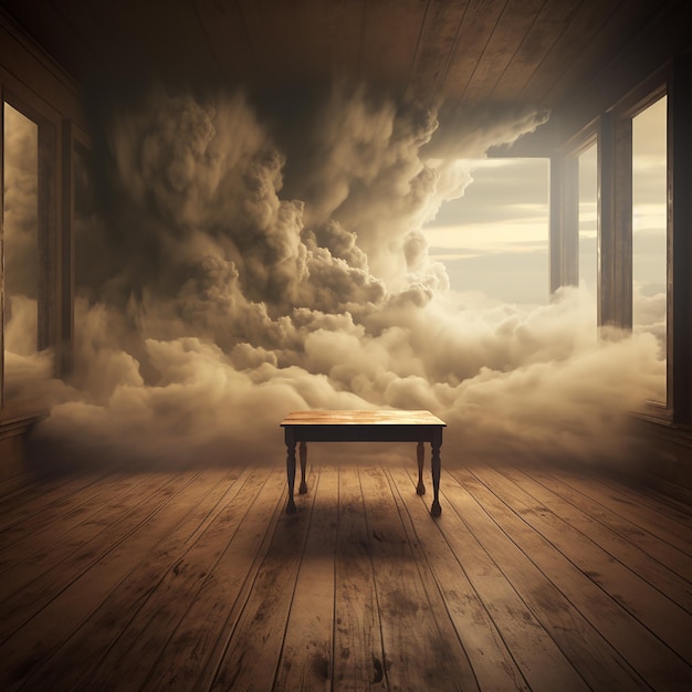 Zdjęcie hipnotyzujący drewniany stół 3d z widokiem na zadymiony pokój