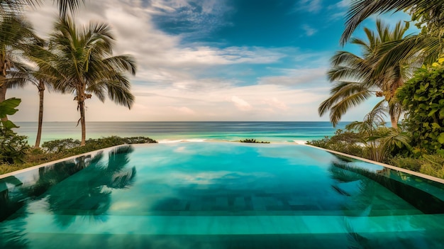Hipnotyzujący obraz luksusowego basenu typu infinity doskonale komponującego się z otaczającym krajobrazem plaży i tropikalną zielenią