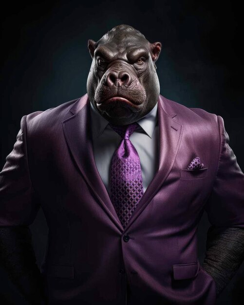 Zdjęcie hipopotam 3d w garniturze z ludzkim ciałem wyglądającym poważnie z dramatycznym tłem studyjnym