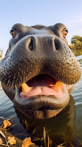 Hipopotam dotyka kamery robiąc selfie Zabawny portret zwierzęcia