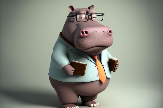 Zdjęcie hipopotam kreskówka z książką w ręku