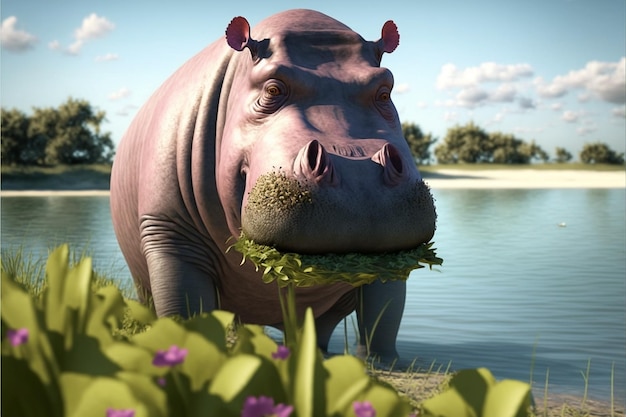 Hipopotam stoi w wodzie z rośliną na pierwszym planie.