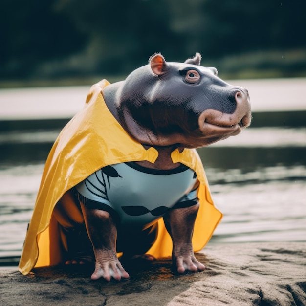Hipopotam ubrany w kostium Batmana Obraz generatywnej sztucznej inteligencji