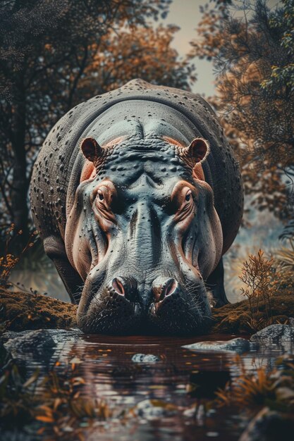 Hipopotam w Afryce pije wodę z rzeki