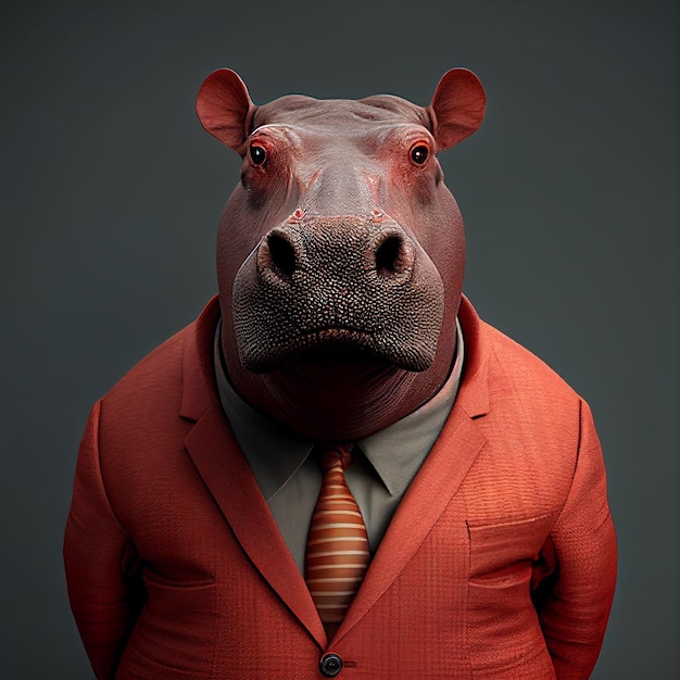Zdjęcie hipopotam w eleganckim formalnym garniturze i koszuli kolacja czerwone biuro korporacyjne