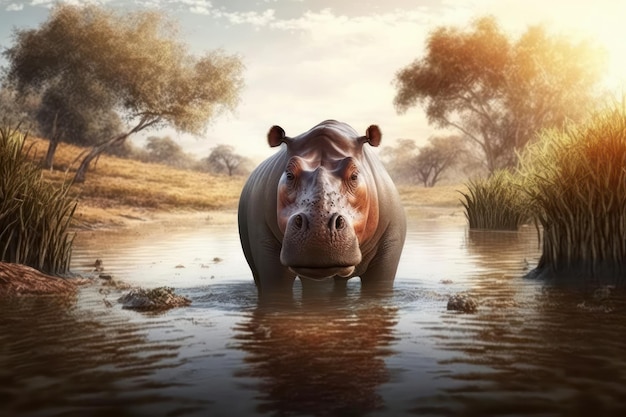 Hipopotam w rzece na afrykańskiej sawannie Stworzony przy użyciu technologii generatywnej sztucznej inteligencji