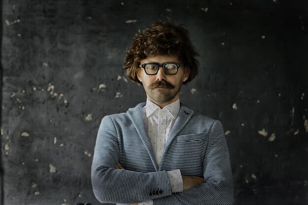 hipser nauczyciel okulary wąsy, kryształ nowoczesny młody nauczyciel, brutalna koncepcja faceta z wąsami