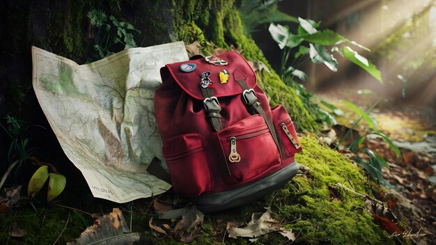 Hipster czerwony plecak i mapa w lesie