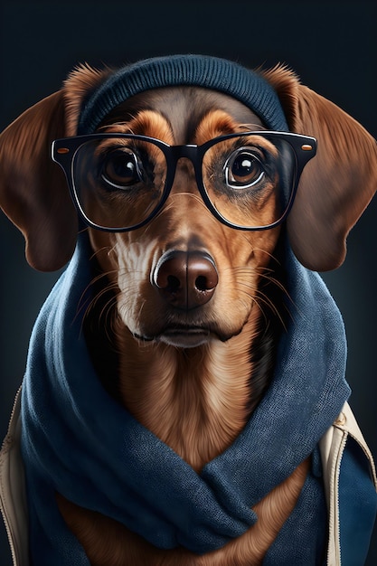 Hipster pies w ubraniach i okularach. Portret psa. generatywna ai