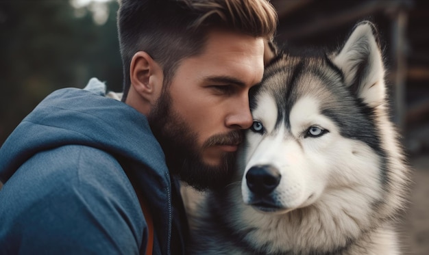 Hipster przytulający i uściskający swojego psa bliska przyjaźń kochająca więź między właścicielem a zwierzęciem husky generatywna sztuczna inteligencja