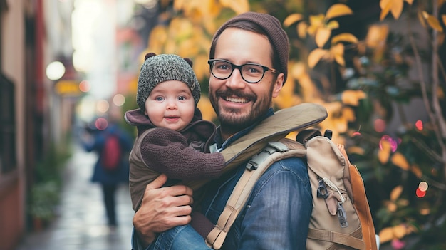 Hipster tata z dzieckiem w stylowym nosicielu na spacer po mieście Współczesne rodzicielstwo