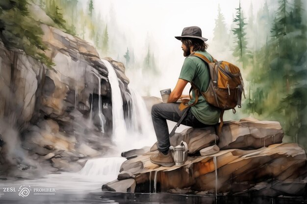 Hipster turystyczny z plecakiem w aktywnych ubraniach turystycznych siedzący w pobliżu wodospadu rzeki górskiej