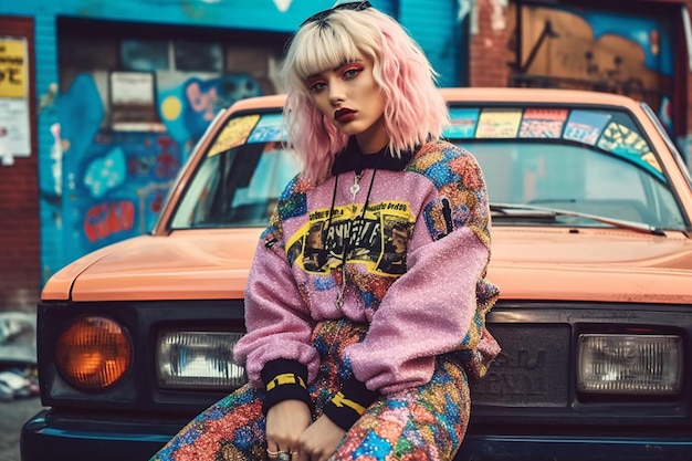 Hipsterzy z lat 90. Styl Memphis Lata 90. Retro impreza muzyczna Funky retrowave kaseta magnetofonowa neon Moda styl uliczny jasny wygląd importowana odzież sugestywny styl generatywna sztuczna inteligencja