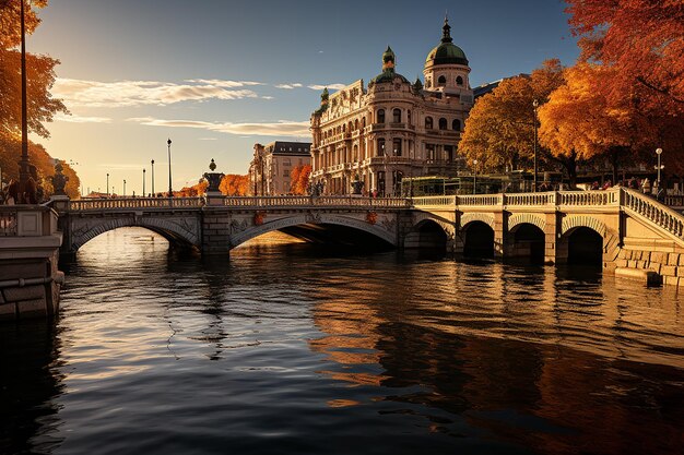 Historyczna architektura miasta przy zachodzie słońca