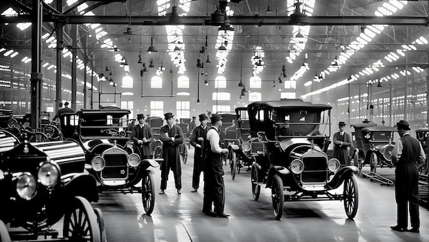 Historyczna monochromatyczna fotografia 1908 Dearborn Michigan Misty Factory Hall Ford