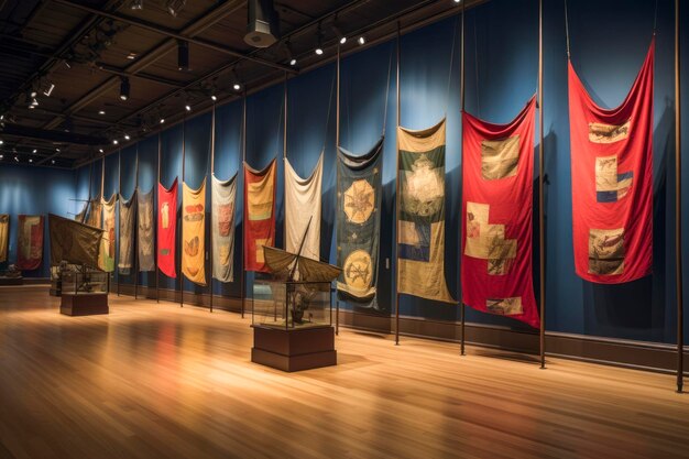 Historyczne flagi wystawione na wystawie w muzeum