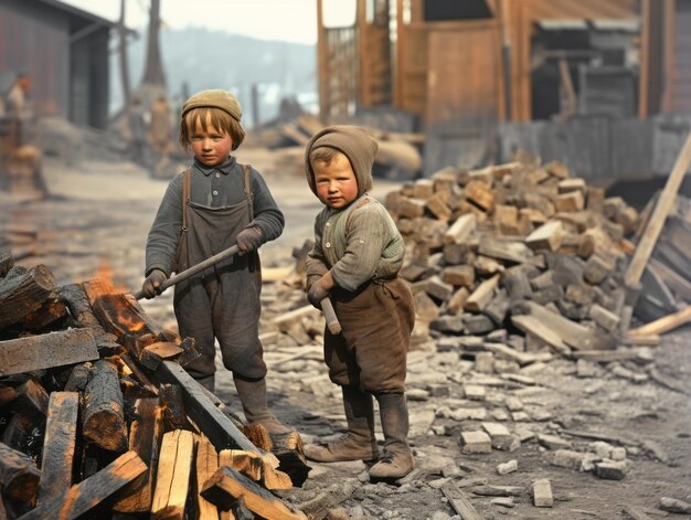 Historyczne kolorowe zdjęcie przedstawiające codzienną pracę dzieci w XX wieku