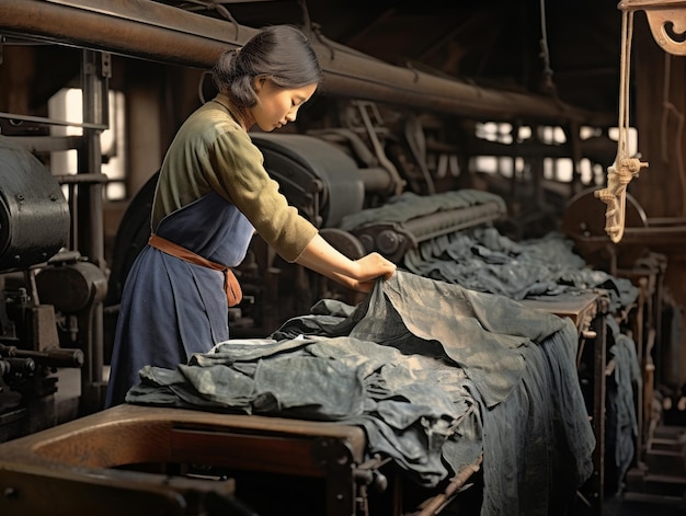 Historyczne kolorowe zdjęcie przedstawiające codzienną pracę kobiety w przeszłości