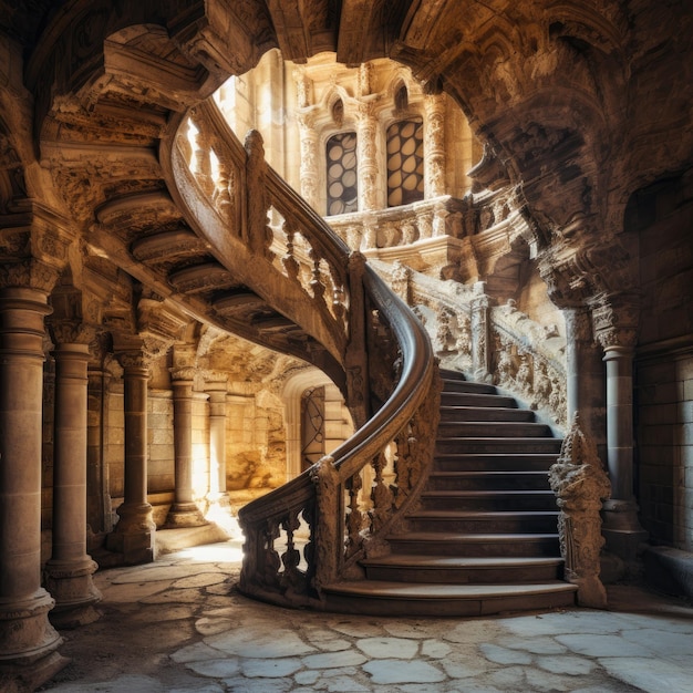 Historyczne zakrzywione schody w europejskim zamku