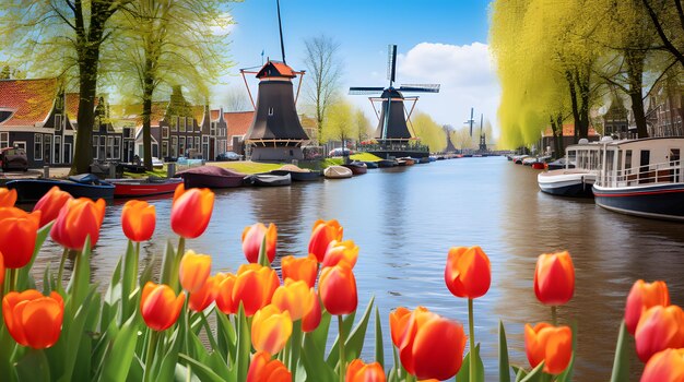 Zdjęcie historyczny holenderski kanał z tulipanami i młynami wiatrowymi
