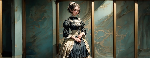 Historyczny z epoki wiktoriańskiej Portret eleganckiej kobiety w vintage sukience