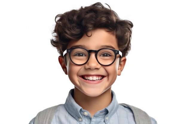 Hiszpański chłopiec jest uczniem szkoły podstawowej Dziecko uśmiecha się do kopiowania przestrzeni przedszkolnej Białego dziecka na białym tle Słodki inteligentny chłopiec w okularach Koncepcja edukacji podstawowej Generatywna sztuczna inteligencja