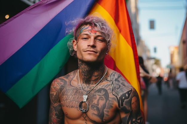 Hiszpański mężczyzna w makijażu i długich włosach owinięty w tęczową flagę lgbtq mrugnący w stronę kamery z seksownym wyrazem twarzy wesoły i szczęśliwy