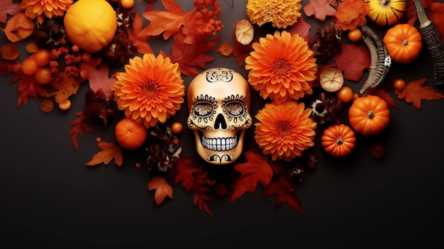 Hiszpańskie dziedzictwo czaszka cukrowa marigold Festive dia de los muertos tło generowane przez AI