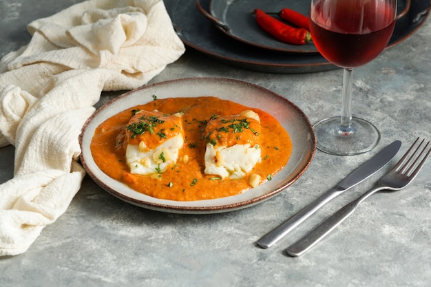 Hiszpańskie Jedzenie. Bacalao A La Vizcaina, Baskijski Styl Dorsza