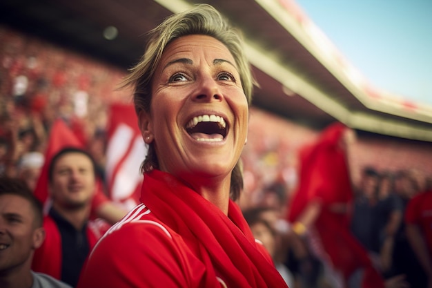 Hiszpańskie kibice piłki nożnej na stadionie Pucharu Świata świętują zwycięstwo hiszpańskiej drużyny narodowej w piłce nożnej