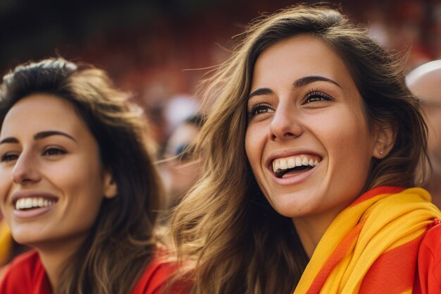 Hiszpańskie kibice piłki nożnej na stadionie Pucharu Świata świętują zwycięstwo hiszpańskiej drużyny narodowej w piłce nożnej