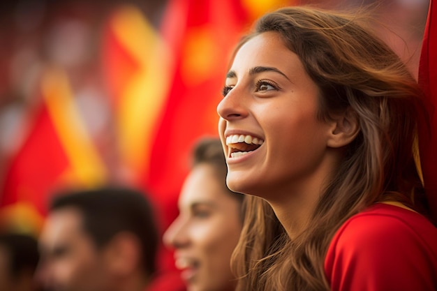 Hiszpańskie kibice piłki nożnej na stadionie Pucharu Świata świętują zwycięstwo hiszpańskiej drużyny narodowej w piłce nożnej