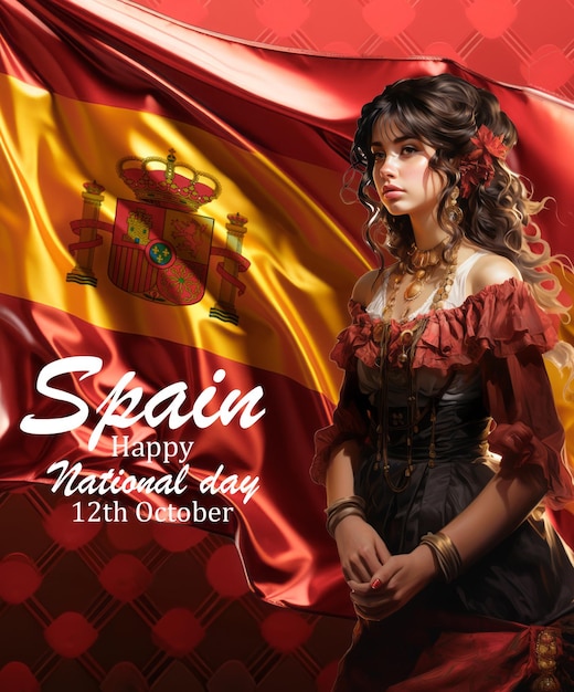 Hiszpańskie kobiety przed postem w mediach społecznościowych z flagą Hiszpanii z okazji Święta Narodowego Hiszpanii