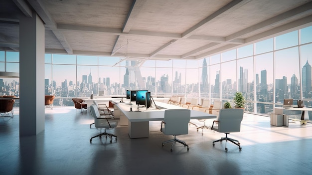 Hitech biuro open space w nowoczesnym budynku miejskim betonowa podłoga duże białe stoły wygodne ch