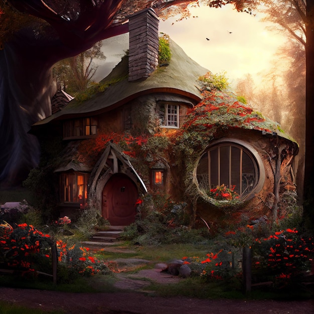 Hobbitowa wioska domowa na ilustracji magicznego lasu
