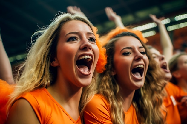 Holenderskie fanki piłki nożnej na stadionie mistrzostw świata, wspierające drużynę narodową