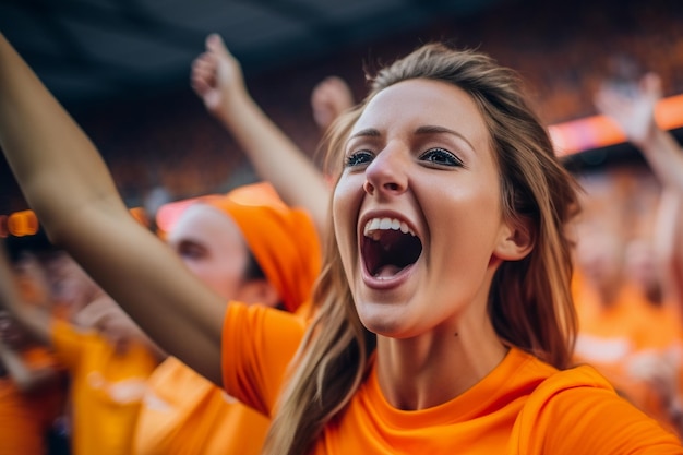 Holenderskie fanki piłki nożnej na stadionie mistrzostw świata, wspierające drużynę narodową