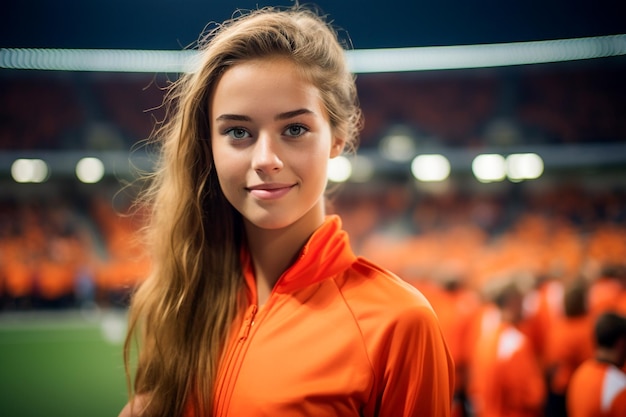 Holenderskie kibice piłki nożnej na stadionie Mistrzostw Świata wspierają drużynę narodową
