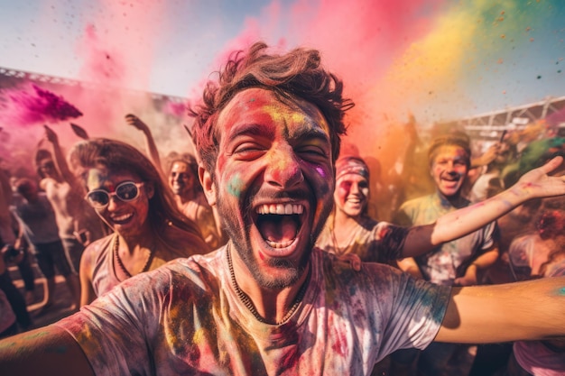 Holi festiwal kobiety i mężczyźni w farbie uśmiechają się wesołe młode przyjaciele z różnych narodowości z kolorowymi farbami na ubraniach i ciałach bawiący się razem na festiwalu holi generative ai