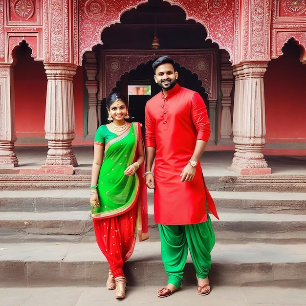 Holi gra na indyjskiej świątyni para czerwona zielona kurta pejama indyjski saree na dziewczynie hinduskiej