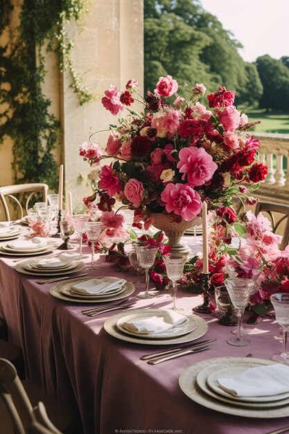 Holiday tablescape formalny stół obiadowy ustawienie różowy pióni stół scape z pióniami dekoracja na przyjęcie weselne i uroczystość świętowanie wydarzenia generatywny ai