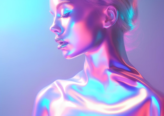 Holograficzna kobieta na gradientowym różowo-niebieskim tle emitująca spokój Generatywna sztuczna inteligencja