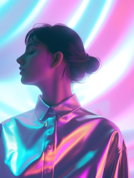 Holograficzna kobieta świecąca promieniującymi kolorami na gradientnym tle Generatywna sztuczna inteligencja