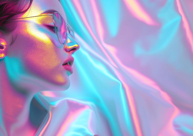 Zdjęcie holograficzna nowoczesna kobieta z stylowymi okularami przeciwsłonecznymi na gradientowym tle generatywna sztuczna inteligencja