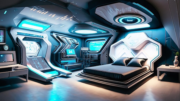 Holograficzne, inteligentne, nowoczesne, zaawansowane technologicznie scifi cyberpunk, futurystyczne wnętrze sypialni 3D wystrój domu