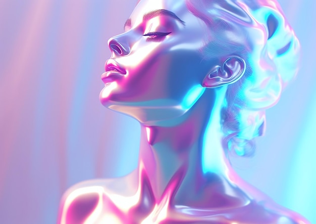 Holograficzny profil kobiety na tle gradientu w futurystycznym ustawieniu Generatywna sztuczna inteligencja