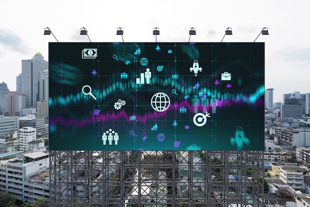 Hologram badawczo-rozwojowy na billboardzie nad panoramą Bangkoku Centrum nowych technologii optymalizujących biznes w Azji Południowo-Wschodniej Koncepcja przekraczania możliwości