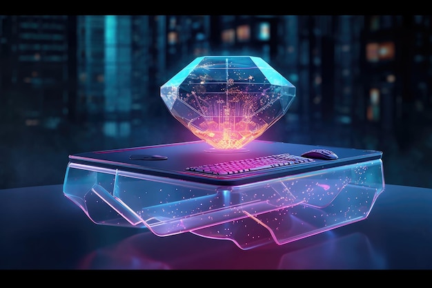 Hologram bezpieczeństwa cybernetycznego pływający nad futurystyczną klawiaturą stworzoną za pomocą sztucznej inteligencji generatywnej