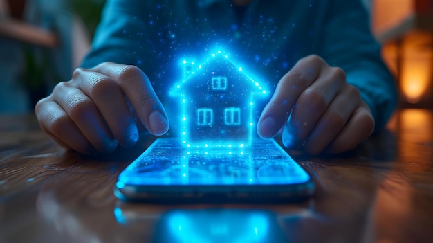 Hologram domu na telefonie komórkowym w futurystycznym tle cyfrowym