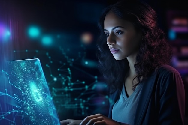 Hologram generatywnego kodu AI i kobieta z analizą danych tabletu